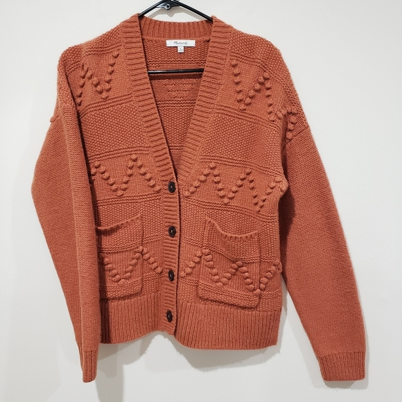 Madewell Bobble Cardigan Sweater Size S Afterglow Red Merino Wool Blend Pockets - Picture 4 of 16
